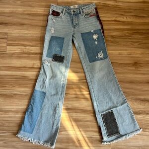 Free People Women's Mix Plaid Slim Flare Jeans studded